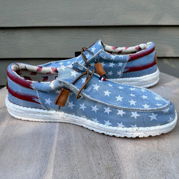 Hey Dude Wally Americana Denim Star Mens Loafers Size 13 Patriotic Slip On Shoes - Picture 1 of 15